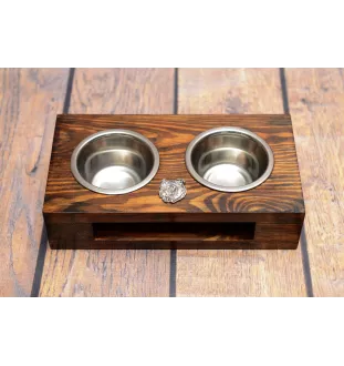 Bulldog, English Bulldog, British Bulldog I - wooden stand with bowls for a dog, steel dog bowls, a gift for adopting a dog from the Art-Dog brand