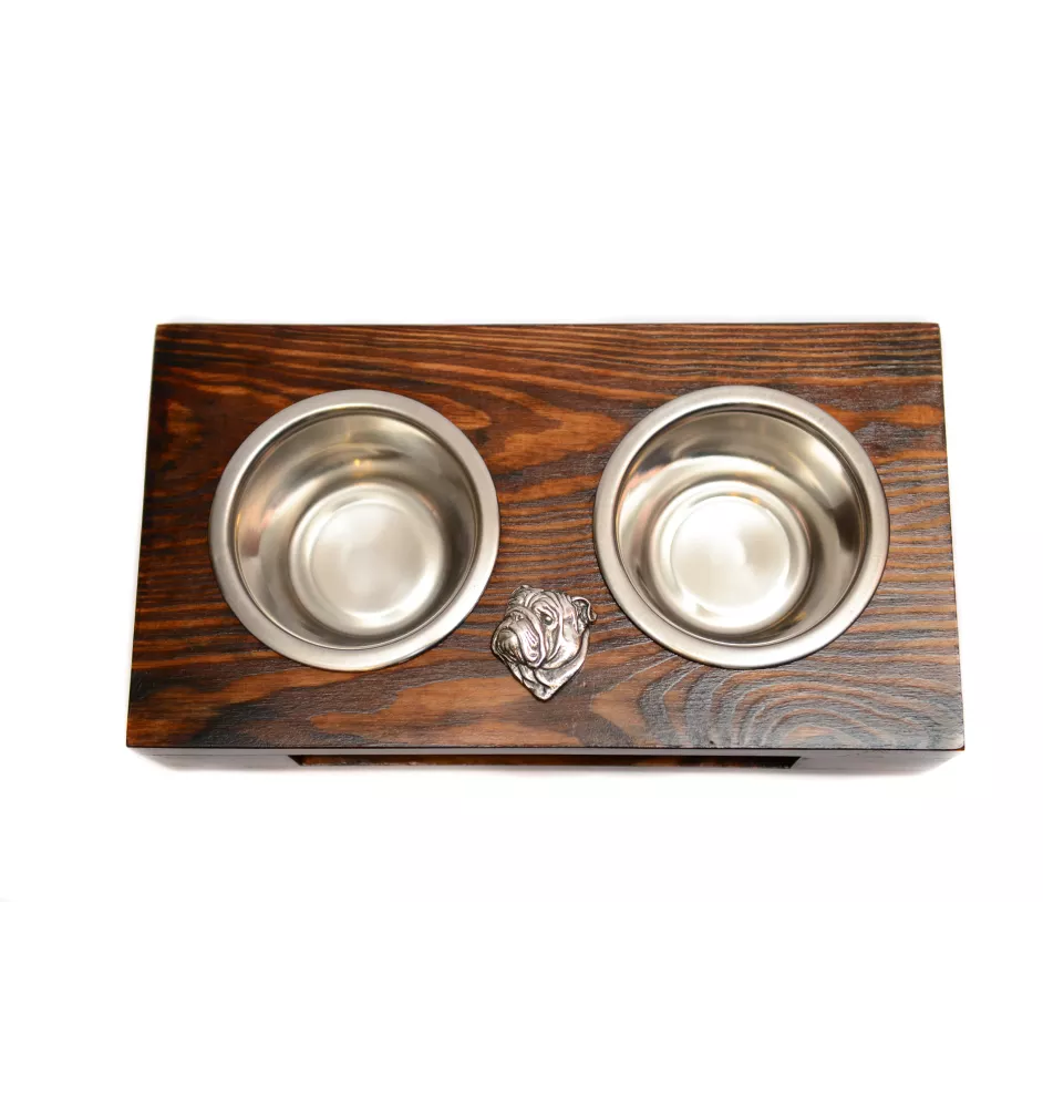 Bulldog, English Bulldog, British Bulldog II - wooden stand with bowls for a dog, steel dog bowls, a gift for adopting a dog from the Art-Dog brand