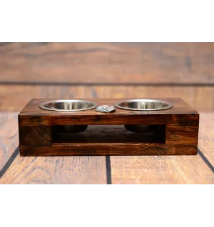 Bulldog, English Bulldog, British Bulldog II - wooden stand with bowls for a dog, steel dog bowls, a gift for adopting a dog from the Art-Dog brand