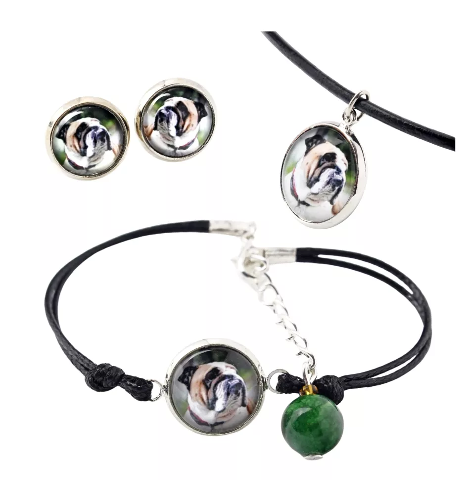 Bulldog, Bulldog anglais - ensemble de bijoux dans une boîte, collier, boucles d'oreilles, bracelet, produits de la marque Art-Dog