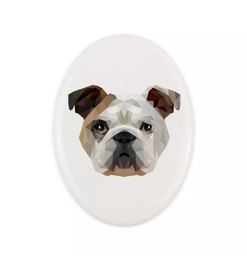 Bulldog, Englische Bulldogge - Fliese mit geometrischem Bild und Schriftzug der Marke Art-Dog