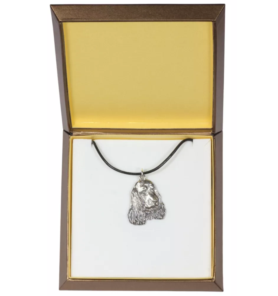 English Cocker Spaniel, Englische Cockerspaniel  I - Hundehalsband in Geschenkbox, versilbertes Medaillon für Hundefans, markanter Anhänger der Marke Art-Dog