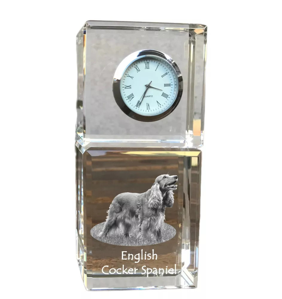 English Cocker Spaniel, Englische Cockerspaniel  - Kristalluhr mit Foto, Hundebild im Kristall, personalisierte Schreibtischuhr von Art-Dog.