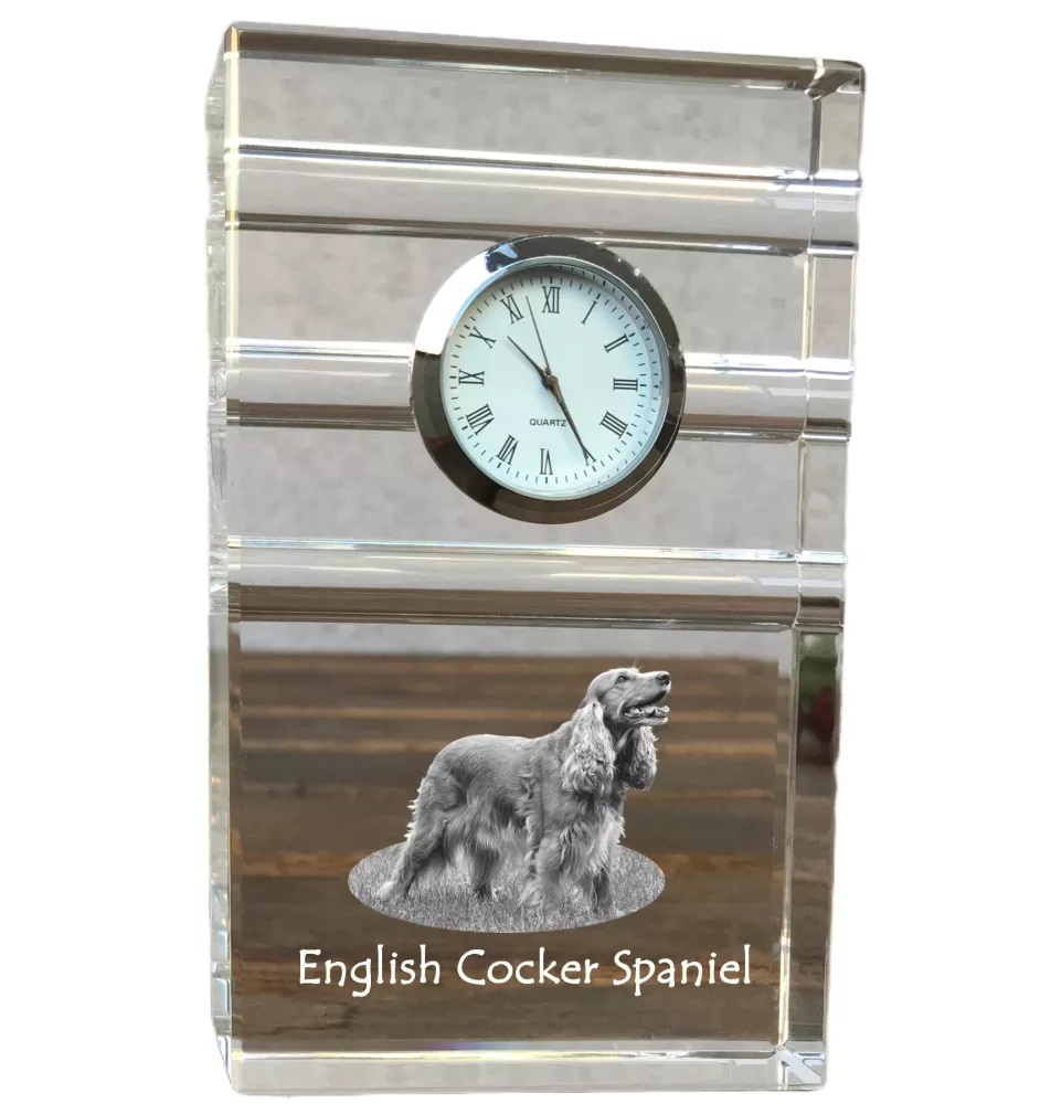 English Cocker Spaniel, Englische Cockerspaniel  - Glasuhr mit Foto, Foto eines Hundes im Kristall, personalisierte Tischuhr für das Büro der Marke Art-Dog