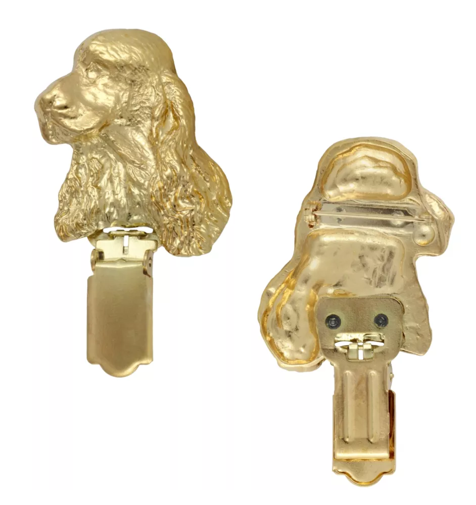 English Cocker Spaniel - brooch with a clip, gold-plated holder for a start number, a gift for a dog show by Art-Dog brand.