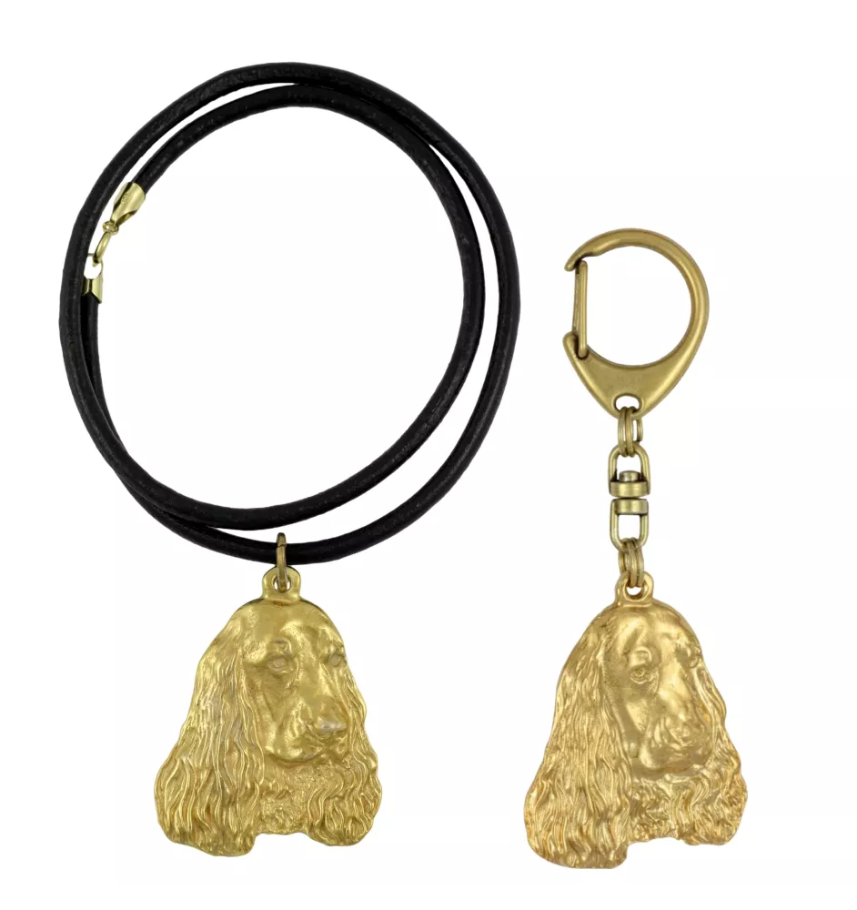 Cocker spaniel anglais I - porte-clés et collier avec chien dans une boîte, produit plaqué or de haute qualité, marque Art-Dog