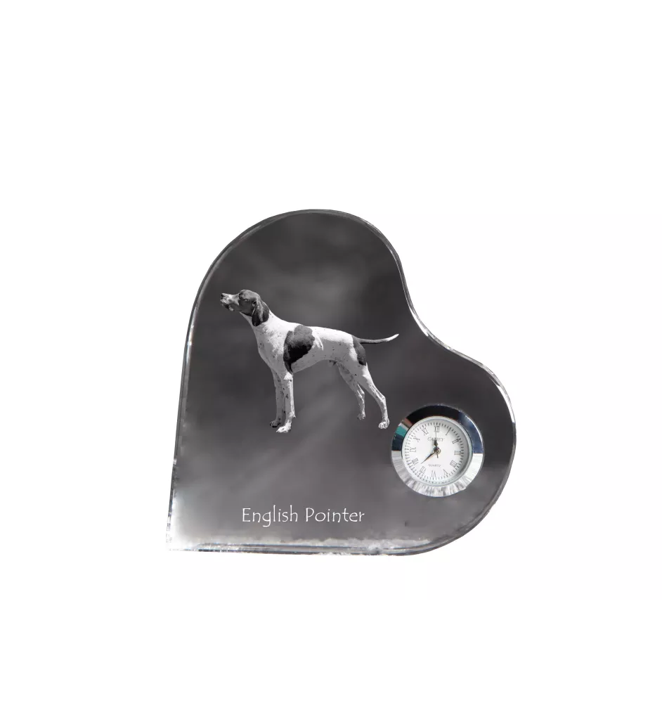 English Pointer - crystal clock with a dog picture, heart-shaped shelf clock, personalized standing clock by Art-Dog brand