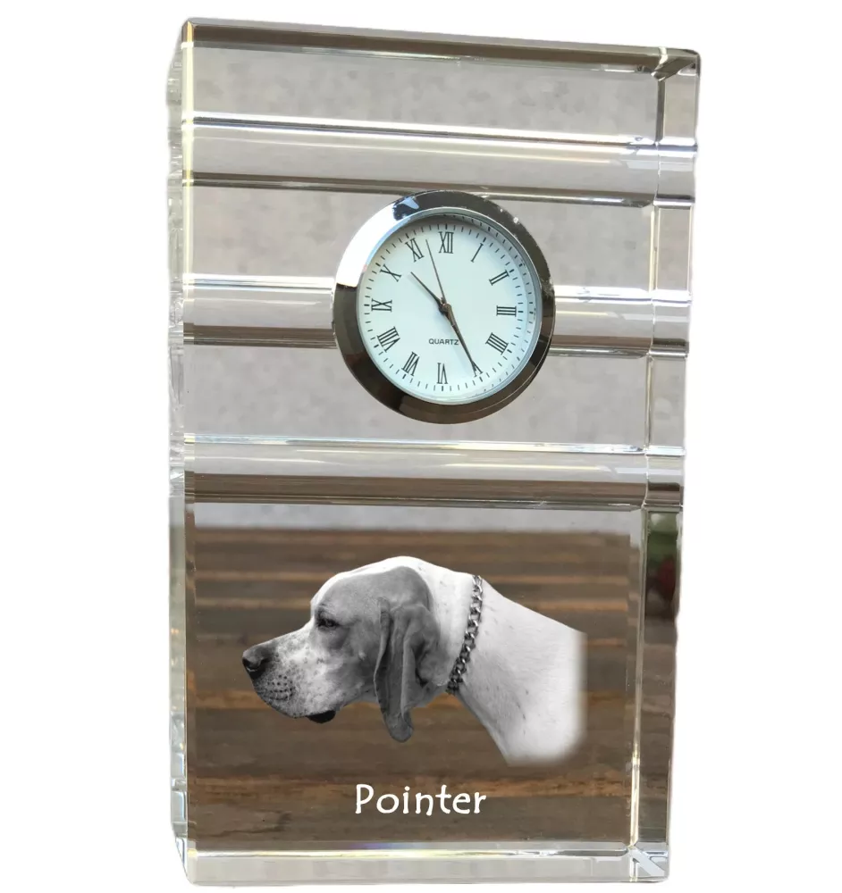 Pointer anglais I - une horloge en verre avec une photo, une photo de chien dans un cristal, une horloge de bureau personnalisée de la marque Art-Dog