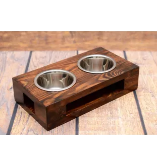 English Cocker Spaniel - wooden stand with bowls for a dog, steel dog bowls, a gift for adopting a dog from the Art-Dog brand