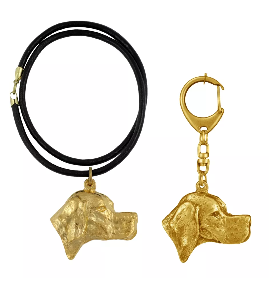 Pointer anglais - porte-clés et collier avec chien dans une boîte, produit plaqué or de haute qualité, marque Art-Dog