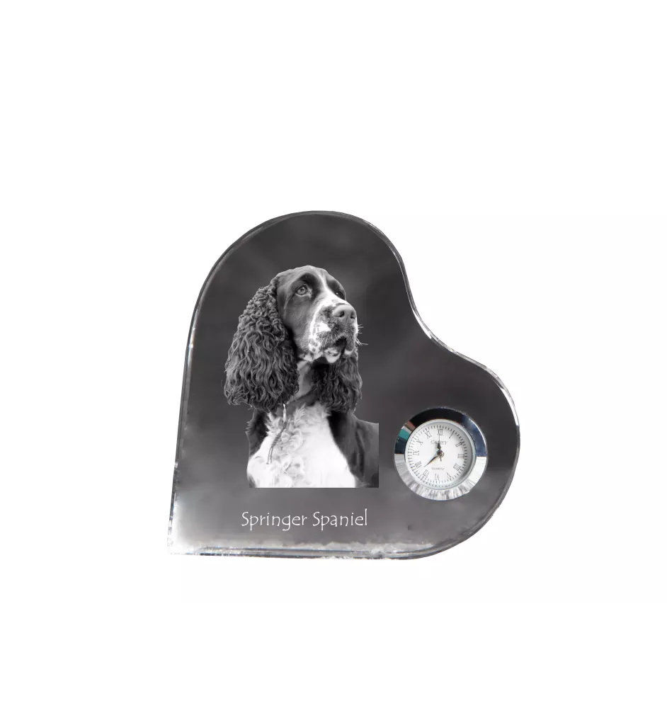 English Springer Spaniel - crystal clock with a dog picture, heart-shaped shelf clock, personalized standing clock by Art-Dog brand