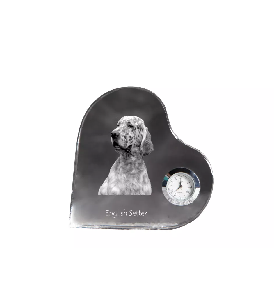English Setter, Englischer Setter - Kristalluhr mit einem Hundebild, Herzregal-Uhr, personalisierte Standuhr der Marke Art-Dog