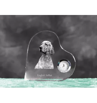 English setter, Lawerack, Laverack - crystal clock with a dog picture, heart-shaped shelf clock, personalized standing clock by Art-Dog brand