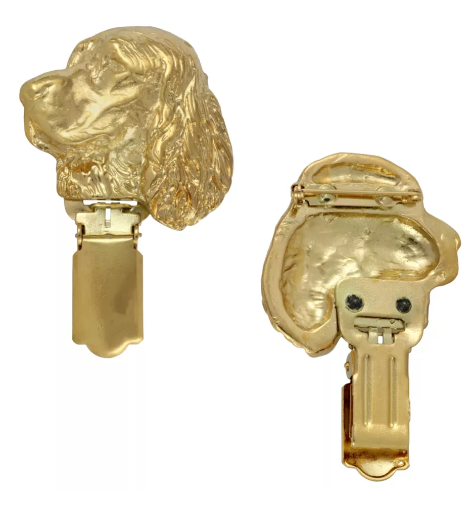 English Springer Spaniel - brooch with a clip, gold-plated holder for a race number, elegant dog show pin from Art-Dog brand
