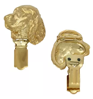 English Springer Spaniel - brooch with a clip, gold-plated holder for a start number, a gift for a dog show by Art-Dog brand.
