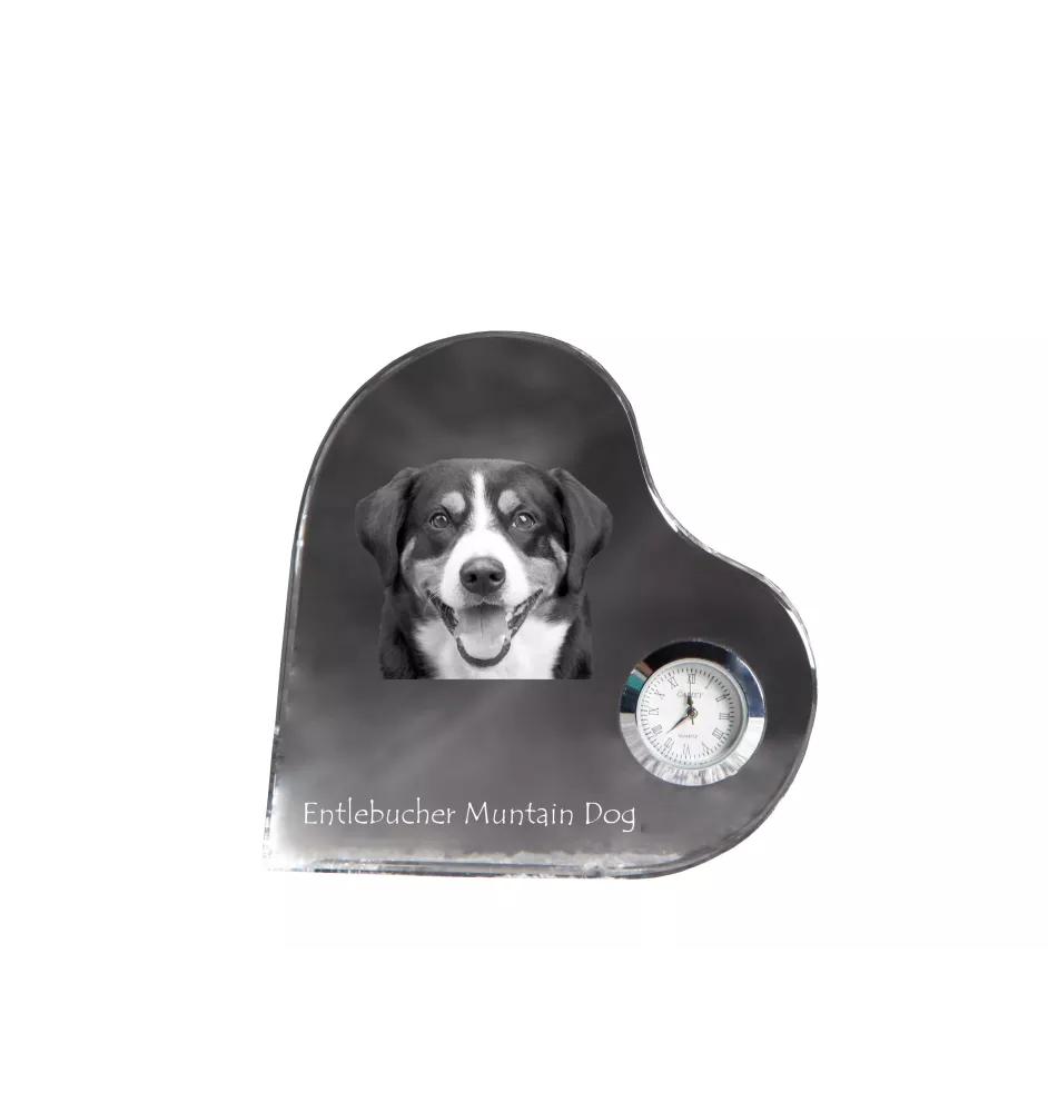 Entlebucher Mountain Dog, Entelbuch Cattle Dog - crystal clock with a dog picture, heart-shaped shelf clock, personalized standing clock by Art-Dog brand