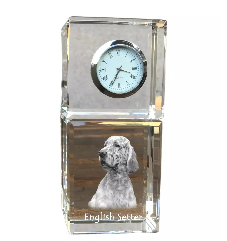 English setter, Lawerack, Laverack - crystal clock with a photo, a photo of a dog in crystal, personalized desk clock by Art-Dog brand