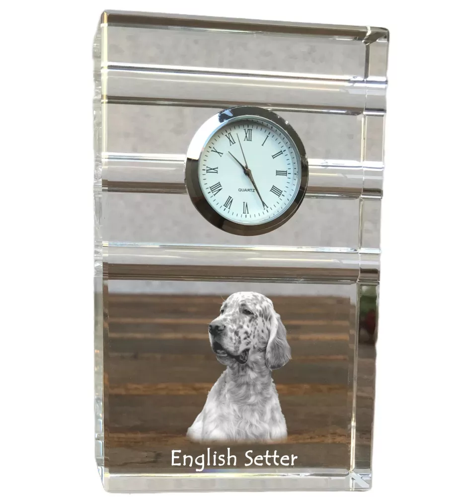Setter anglais, Setter laverack - une horloge en verre avec une photo, une photo de chien dans un cristal, une horloge de bureau personnalisée de la marque Art-Dog