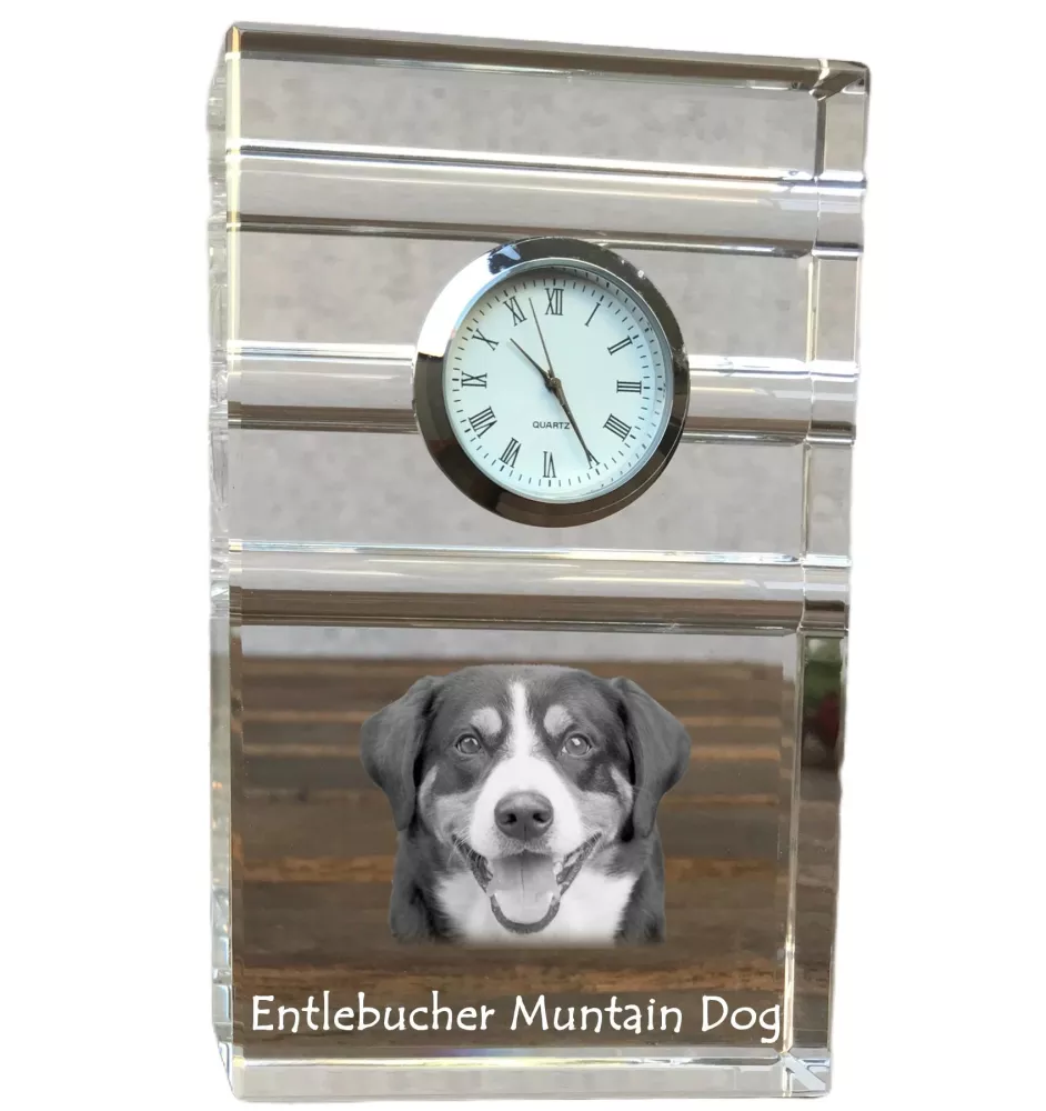 Bouvier de l'Entlebuch - une horloge en verre avec une photo, une photo de chien dans un cristal, une horloge de bureau personnalisée de la marque Art-Dog