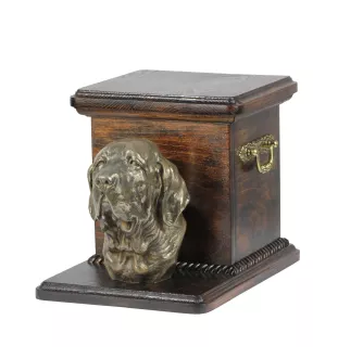 Fila Brasileiro, Brasilianischer Mastiff - Eine Urne für die Asche eines Hundes mit einer Statuette, eine elegante Urne für einen Hund, eine außergewöhnliche Urne mit dem Porträt eines Hundes von der
