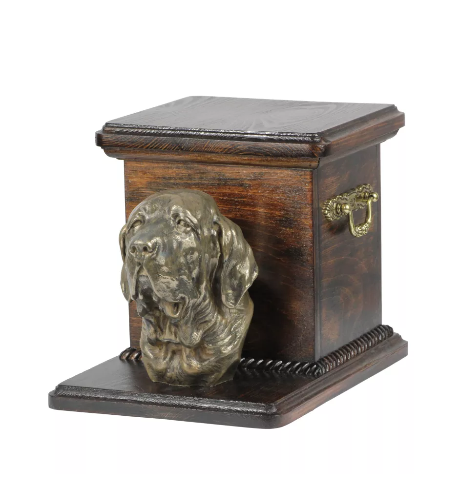 Fila Brasileiro, Brasilianischer Mastiff - Eine Urne für die Asche eines Hundes mit einer Statuette, eine elegante Urne für einen Hund, eine außergewöhnliche Urne mit dem Porträt eines Hundes von der