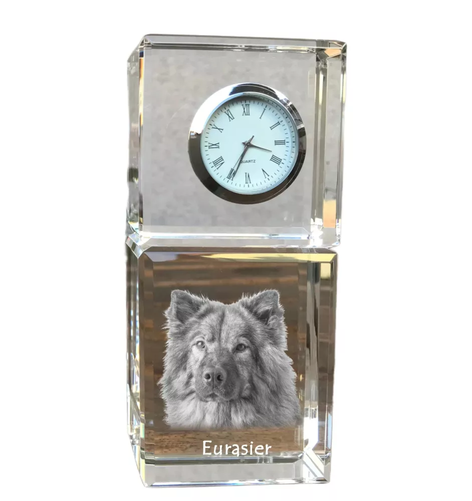 Eurasian, Eurasier - crystal clock with a photo, a photo of a dog in crystal, personalized desk clock by Art-Dog brand
