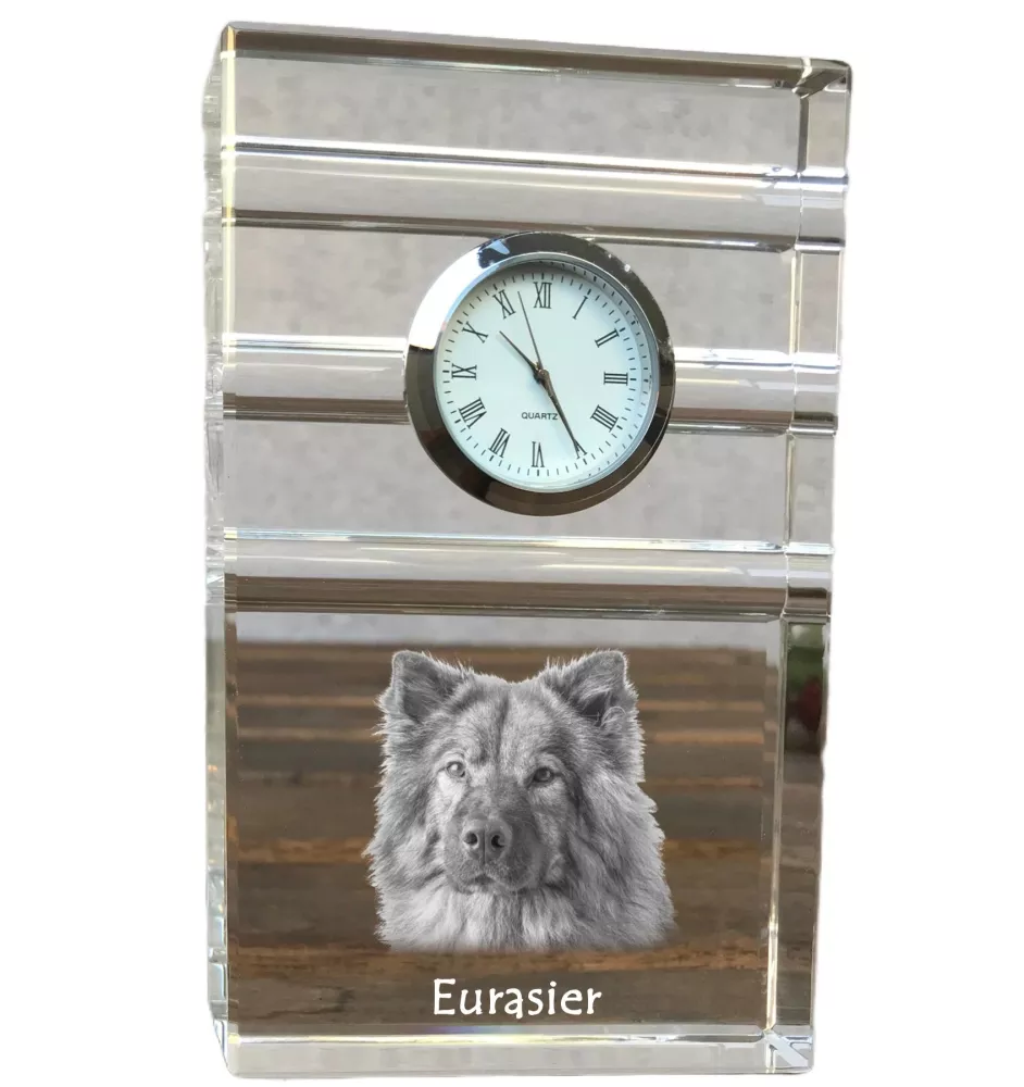 Eurasian, Eurasier - glass clock with a photo, photo of a dog in crystal, personalized standing office clock by Art-Dog brand