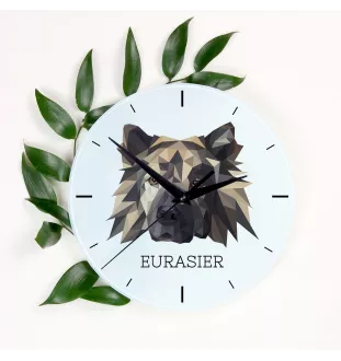 Eurasier - geometrische Wanduhr mit Bild und Aufschrift der Marke Art-Dog