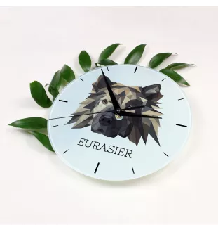 Eurasier - geometrische Wanduhr mit Bild und Aufschrift der Marke Art-Dog