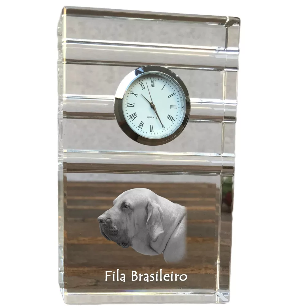 Fila Brasileiro - glass clock with a photo, photo of a dog in crystal, personalized standing office clock by Art-Dog brand