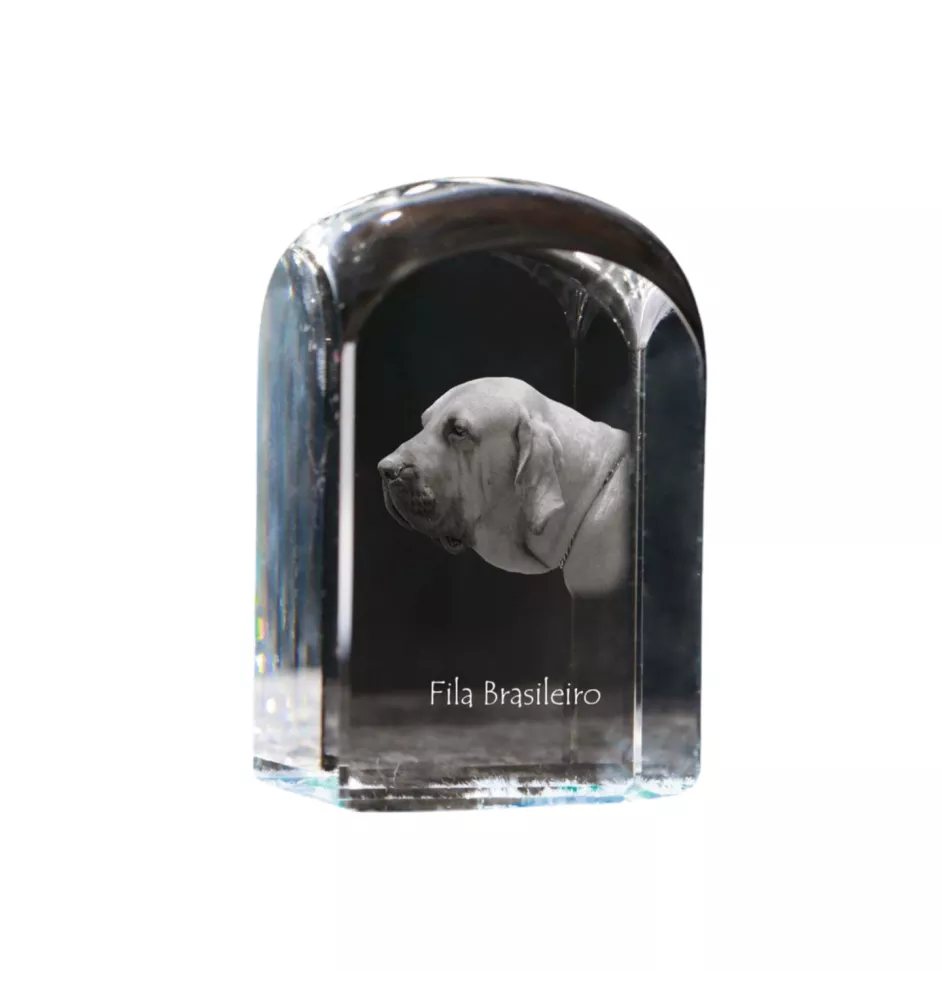 Fila Brasileiro - crystal cube with a photo, photo of a dog in crystal, cubic paperweight from Art-Dog brand