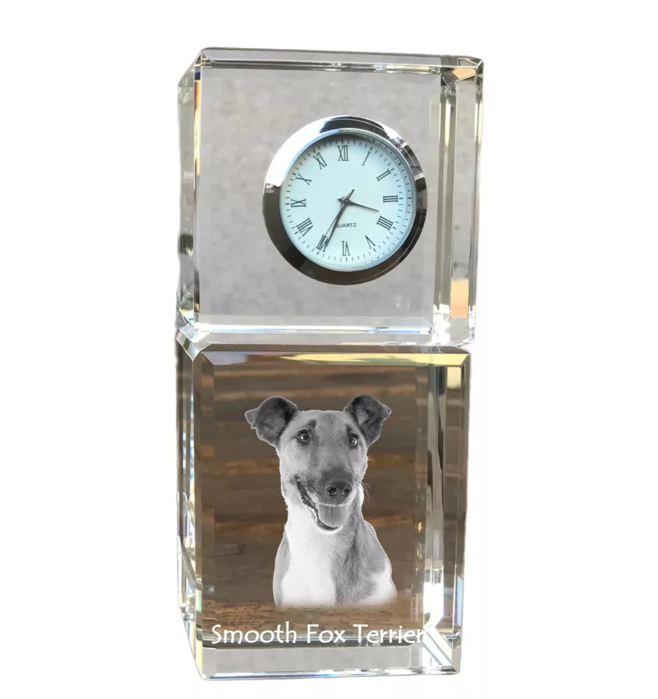 Fox-terrier à poil lisse - montre en cristal avec photo, photo de chien dans un cristal, horloge de bureau personnalisée de la marque Art-Dog