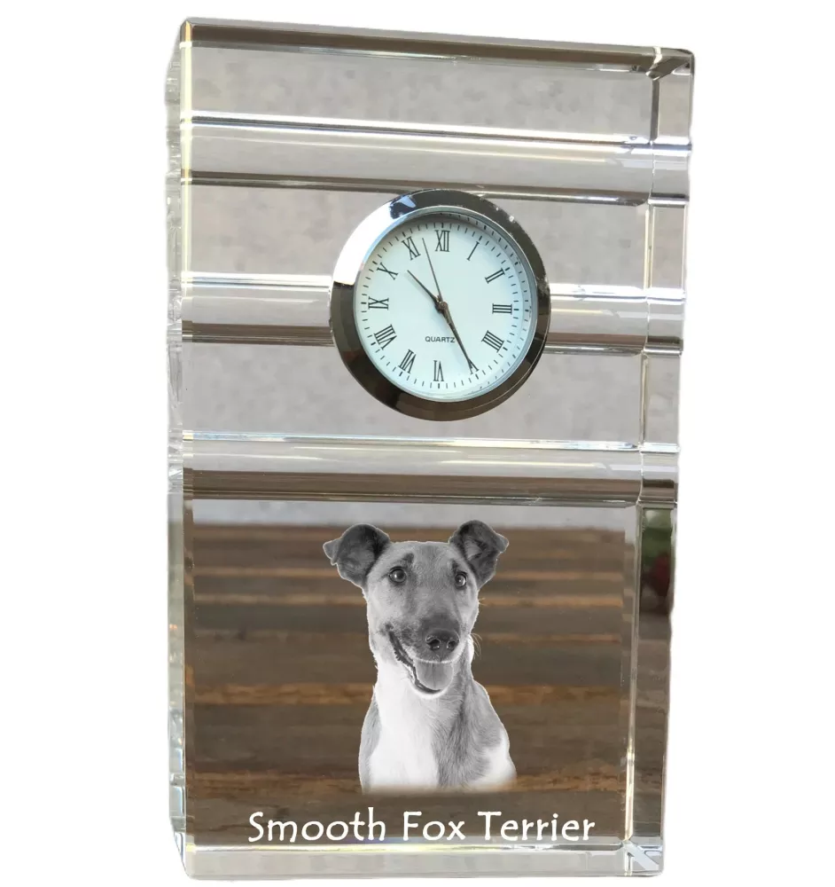 Fox Terrier Glatthaar, Foxterrier - Glasuhr mit Foto, Foto eines Hundes im Kristall, personalisierte Tischuhr für das Büro der Marke Art-Dog