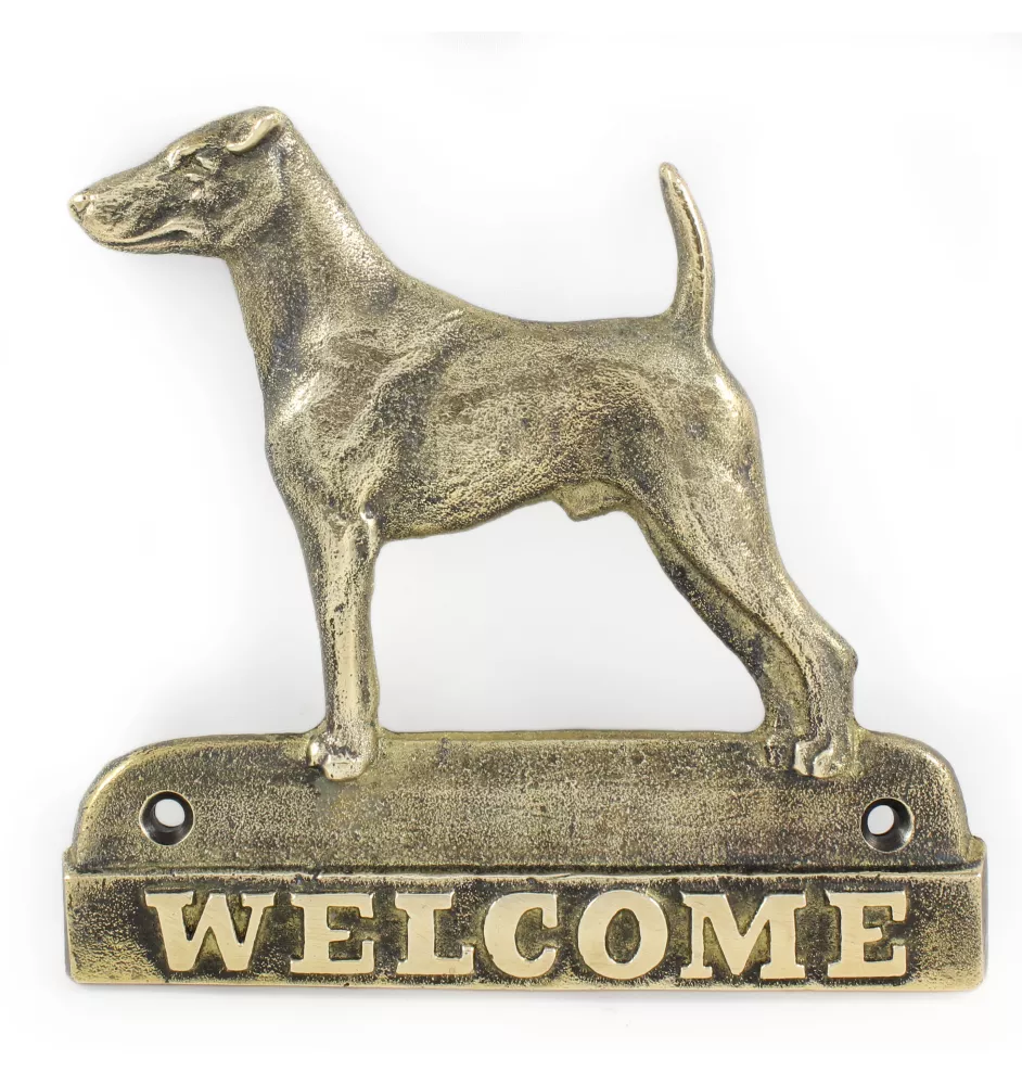 Fox Terrier Glatthaar, Foxterrier - Türschild mit Hund, messingfarbenes Willkommensschild, einzigartiges Schild mit der Aufschrift Welcome von der Marke Art-Dog