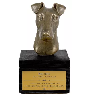 Fox Terrier Glatthaar, Foxterrier - eine Urne mit Gravur und Hundeskulptur, letzter Abschied, handgefertigtes Produkt der Marke Art-Dog