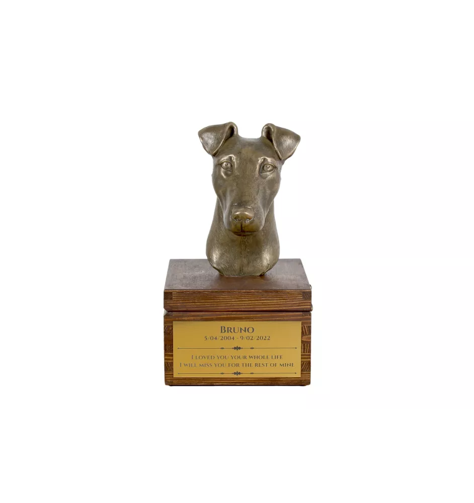 Fox-terrier à poil lisse - urne pour les cendres du chien avec une statuette, petite urne pour chien, urne personnalisée avec le buste du chien de la marque Art-Dog