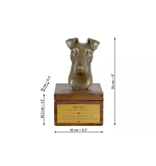 Fox Terrier Glatthaar, Foxterrier - Eine Ascheurne für Hunde mit einer Statuette, eine kleine Urne für Hunde, eine personalisierte Urne mit dem Porträt eines Hundes von der Marke Art-Dog.