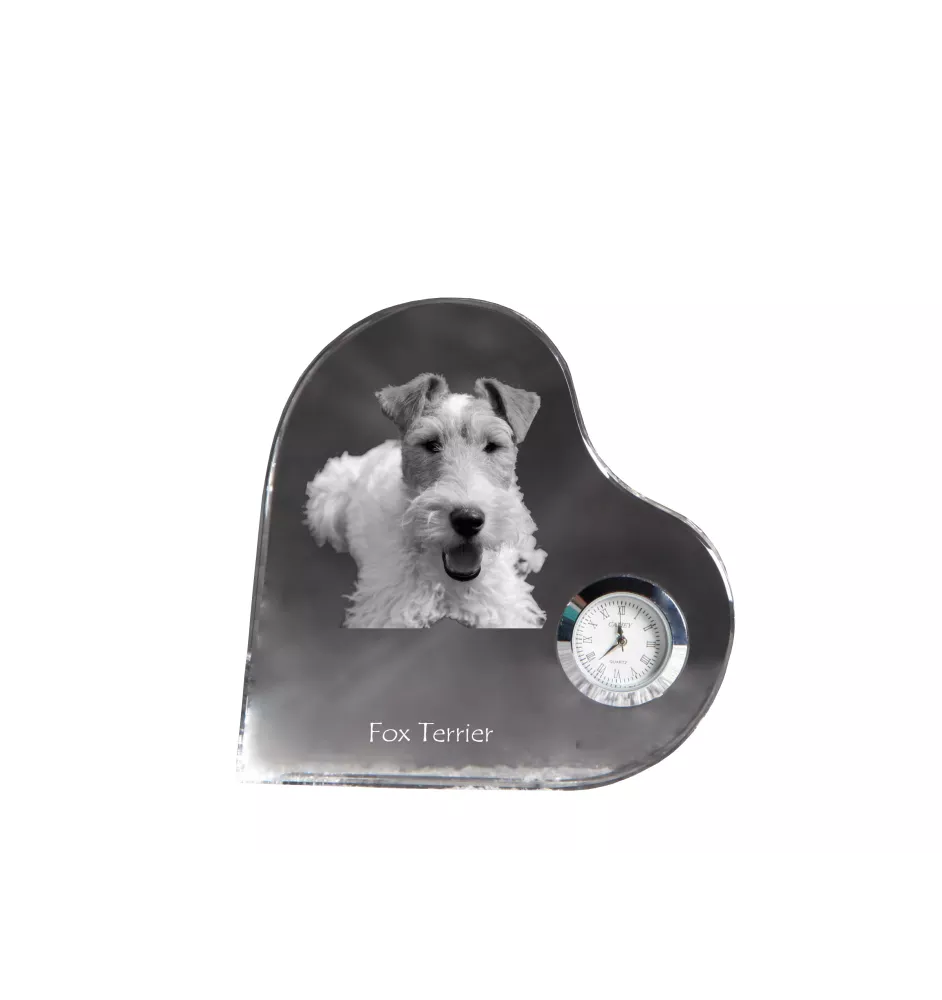 Fox Terrier Wire - crystal clock with a dog picture, heart-shaped shelf clock, personalized standing clock by Art-Dog brand