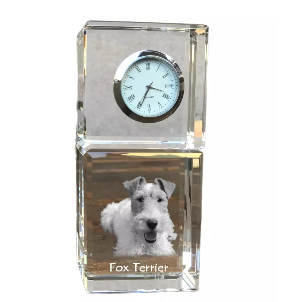 Fox-terrier à poil dur - montre en cristal avec photo, photo de chien dans un cristal, horloge de bureau personnalisée de la marque Art-Dog