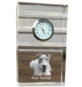 Fox Terrier Drahthaar, Foxterrier - Glasuhr mit Foto, Foto eines Hundes im Kristall, personalisierte Tischuhr für das Büro der Marke Art-Dog
