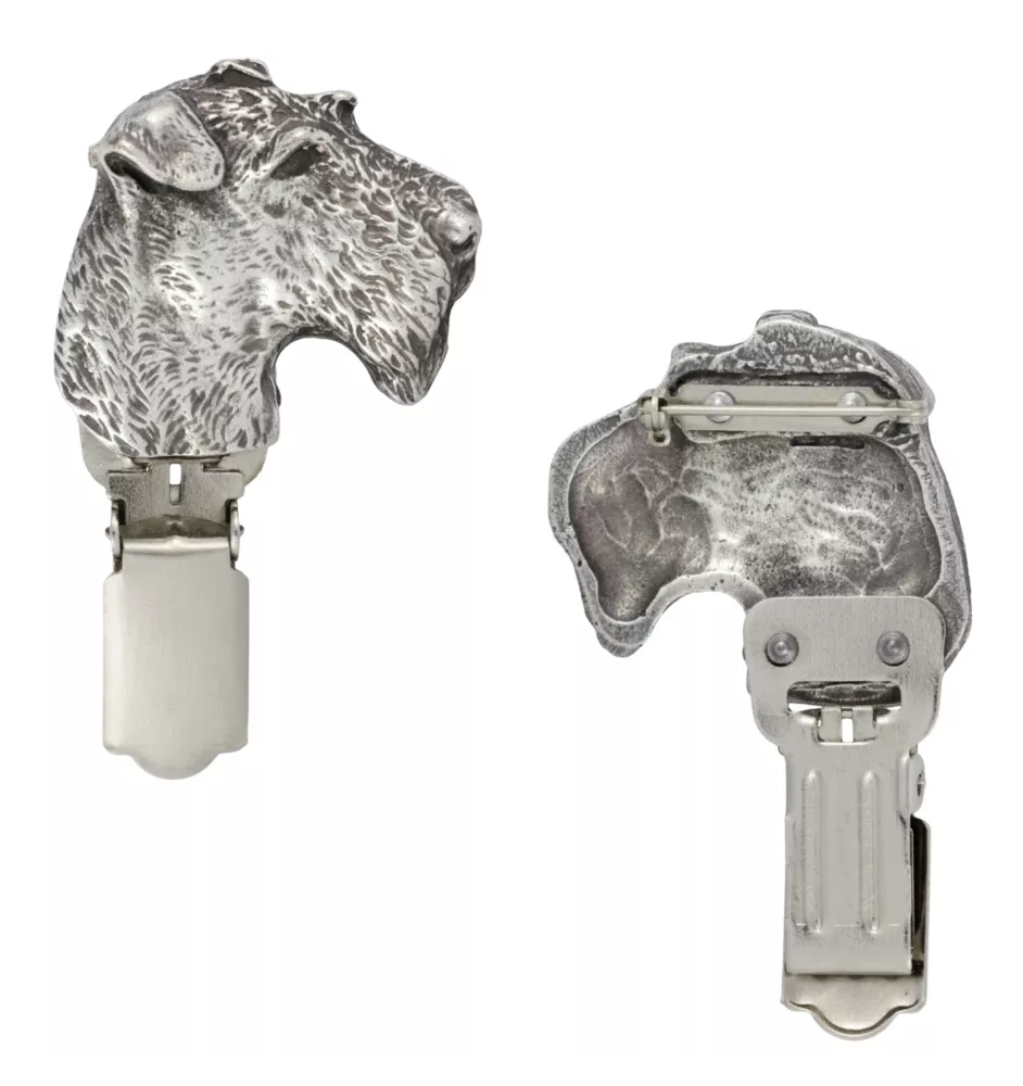 Fox Terrier Drahthaar, Foxterrier - Brosche mit Clip, Startnummernhalter, versilberte Anstecknadel für Hundeausstellungen der Marke Art-Dog