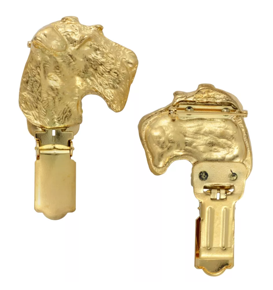 Fox Terrier Wire - brooch with a clip, gold-plated holder for a start number, a gift for a dog show by Art-Dog brand.