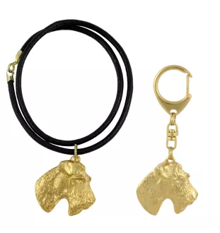 Fox Terrier Drahthaar, Foxterrier - Schlüsselanhänger und Halskette mit Hund in einer Box, vergoldetes Produkt von hoher Qualität, Marke Art-Dog