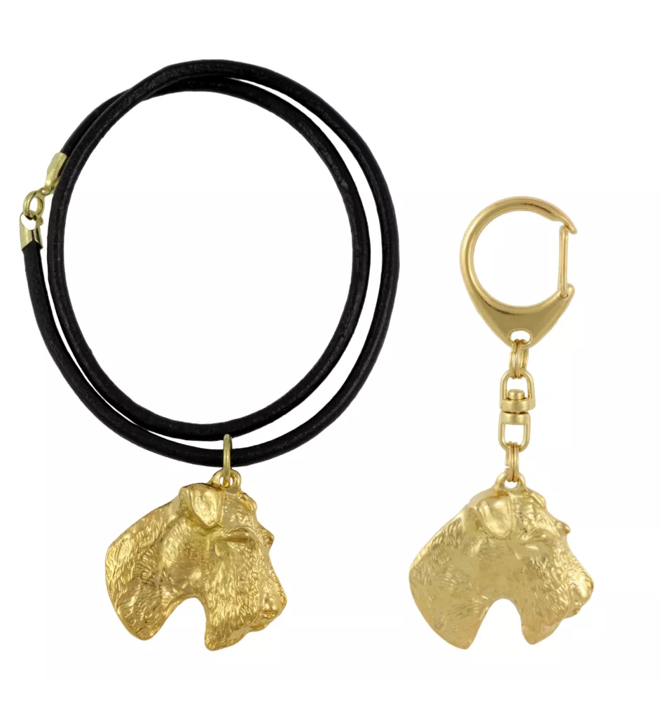 Fox-terrier à poil dur - porte-clés et collier avec chien dans une boîte, produit plaqué or de haute qualité, marque Art-Dog