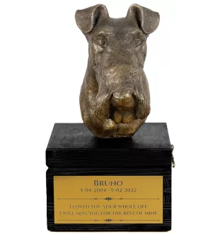 Fox Terrier Wire - an urn with an engraving and a sculpture of a dog, a handmade product by the Art-Dog brand.