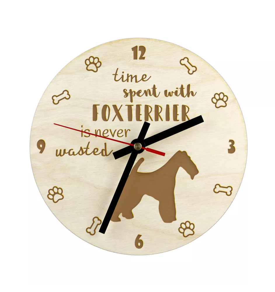 Fox-terrier à poil dur - horloge avec chien, horloge en bois, horloge murale pour les amoureux des chiens, horloge de bureau et étagère, Art-Dog