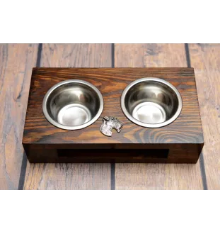 Fox Terrier Wire - wooden stand with bowls for a dog, steel dog bowls, a gift for adopting a dog from the Art-Dog brand