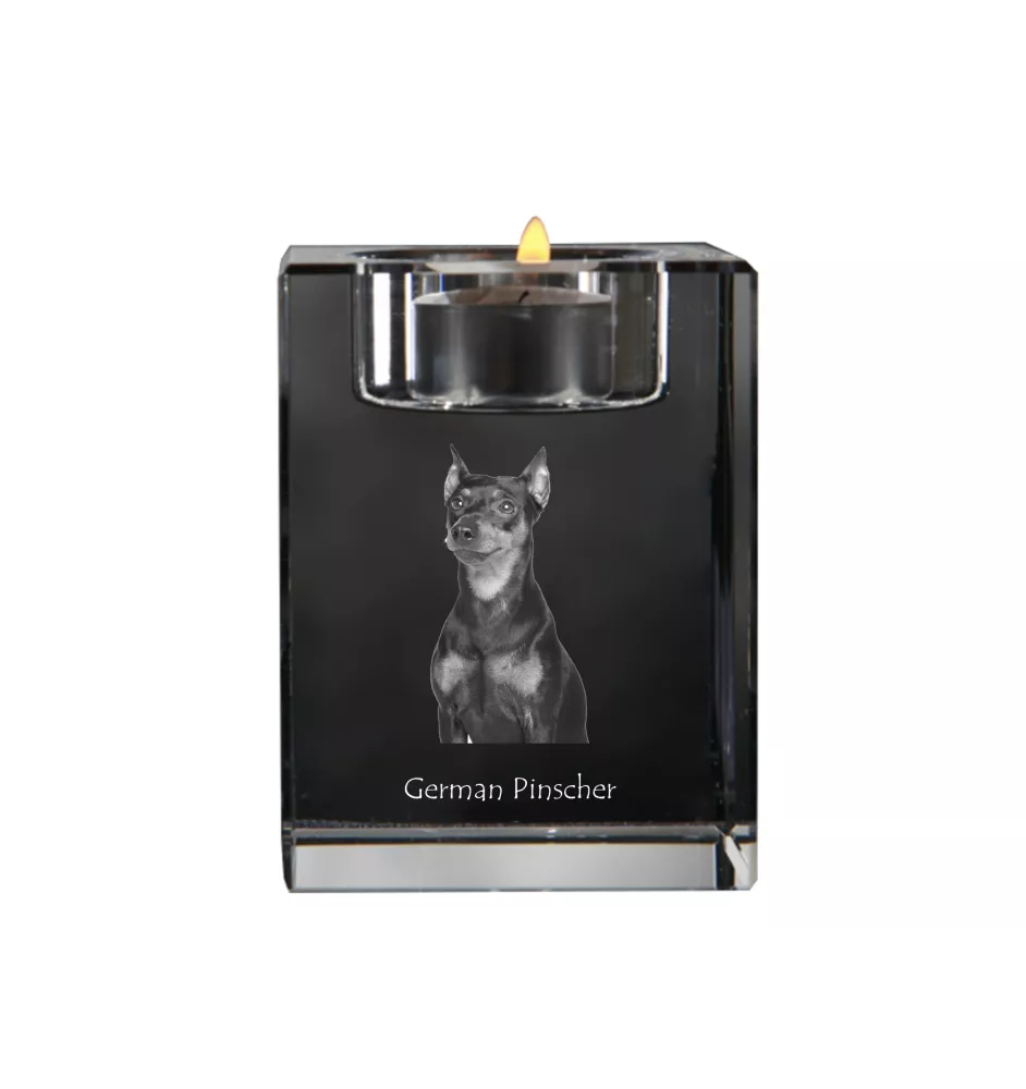 Pinscher allemand - Bougeoir avec photo de chien, porte bougie en cristal, cadeau personnalisé par la marque Art-Dog