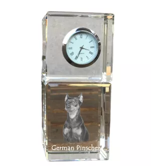 Pinscher allemand - montre en cristal avec photo, photo de chien dans un cristal, horloge de bureau personnalisée de la marque Art-Dog