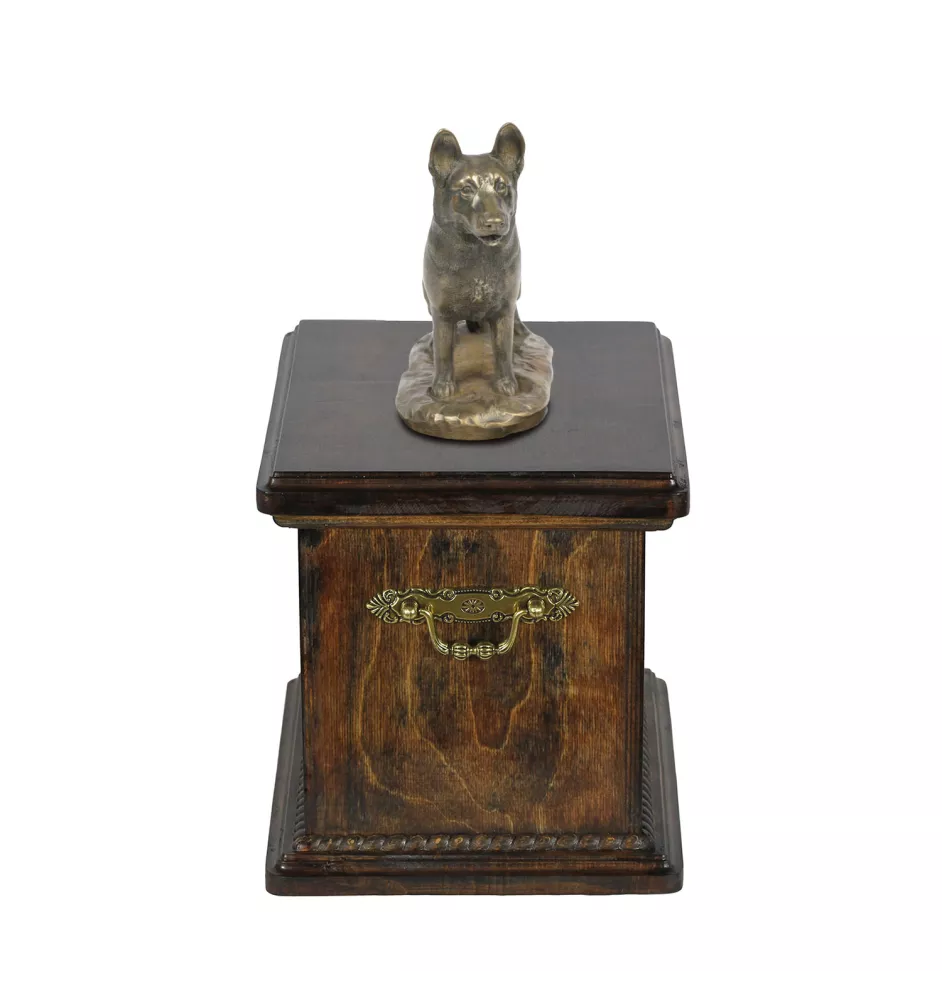 Deutscher Schäferhund eine Urne für die Asche des Hundes, eine Urne mit einer Statue, eine elegante Urne im klassischen Stil der Marke Art-Dog